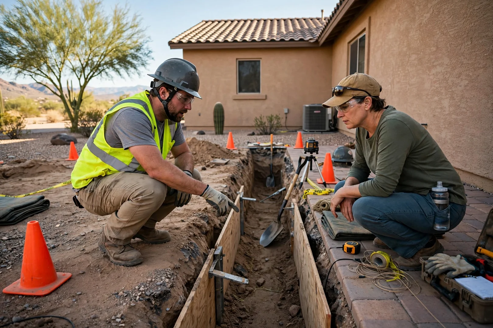 Excavation crew reviewing site plans at a Goodyear lot