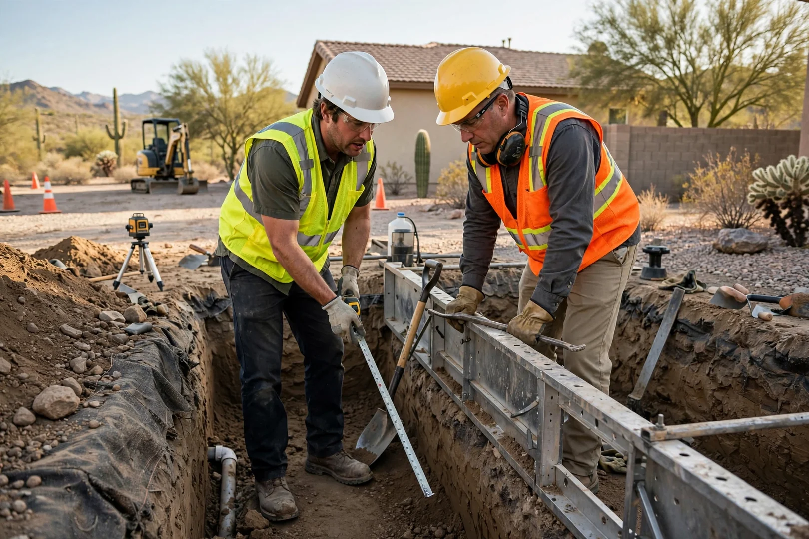 Excavation crew reviewing marked utility lines before trenching at a Goodyear site