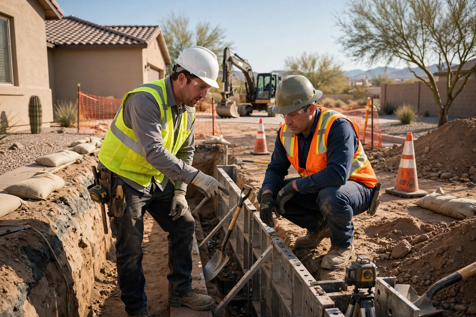Excavator digging a utility trench on a residential lot in Goodyear under clear desert skies