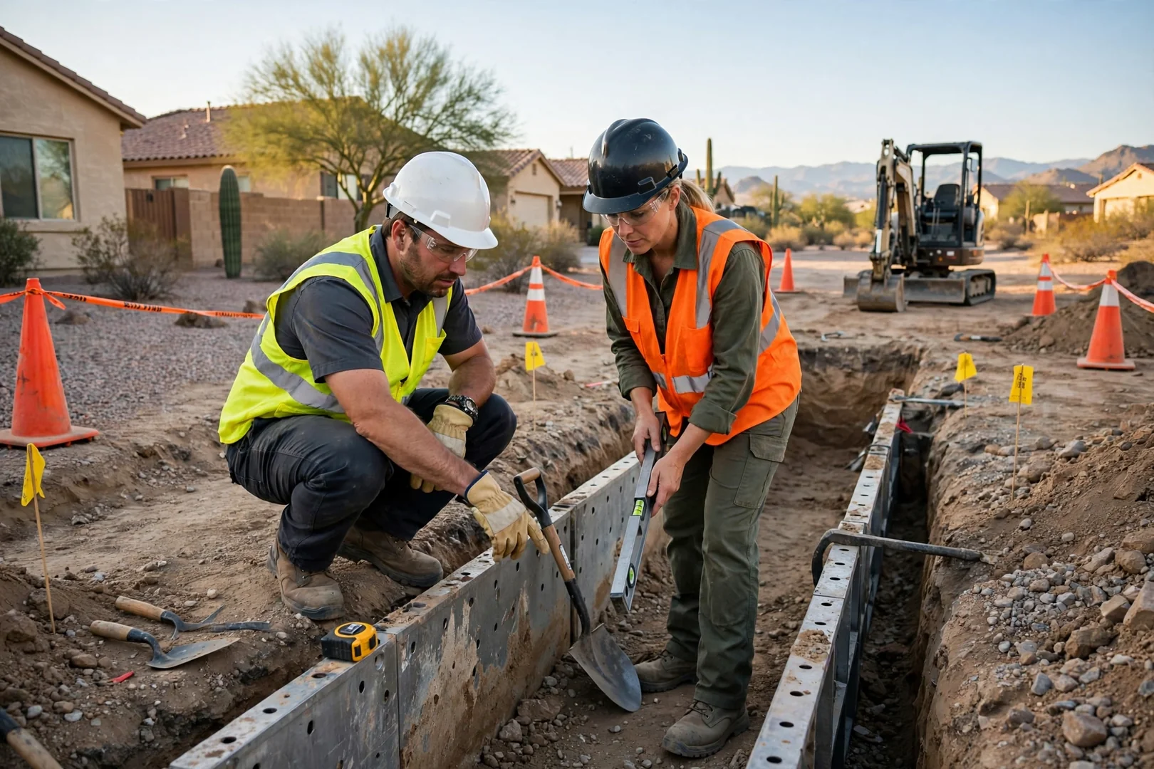 Excavator digging a home foundation site in Goodyear