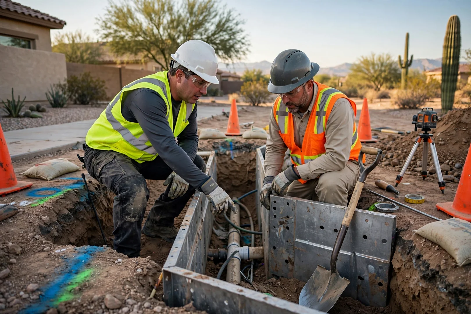 Contractor walking a homeowner through a finished grading project in Goodyear