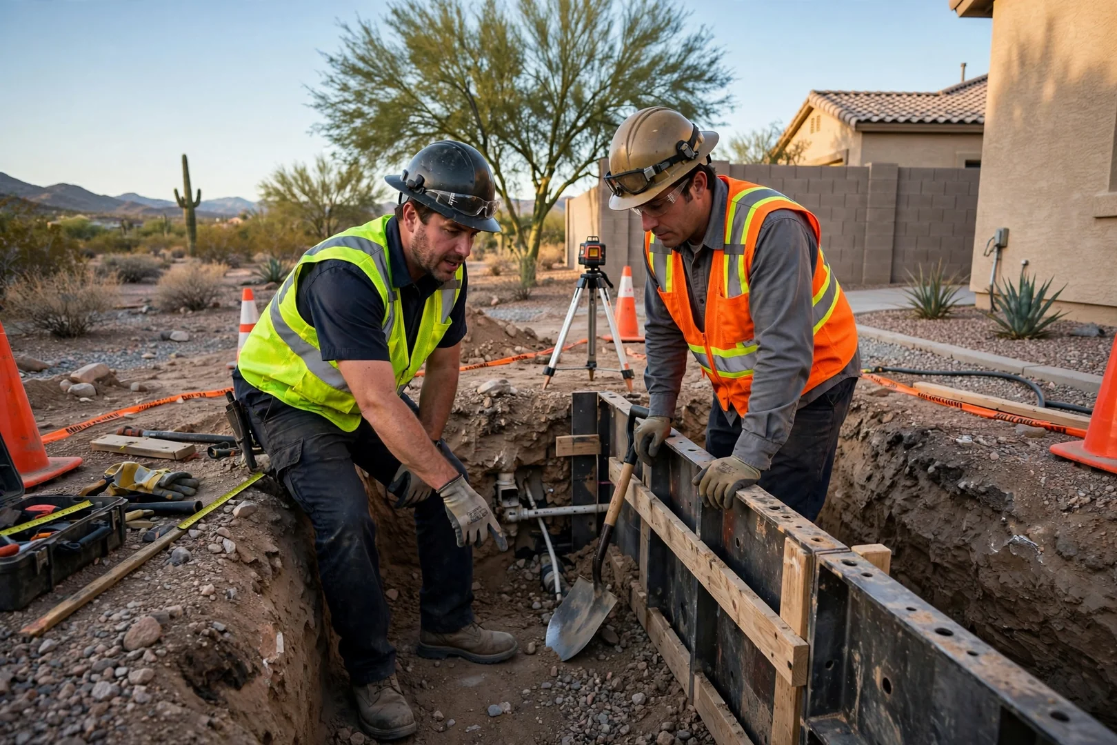 Contractor reviews dig plans with a Goodyear homeowner