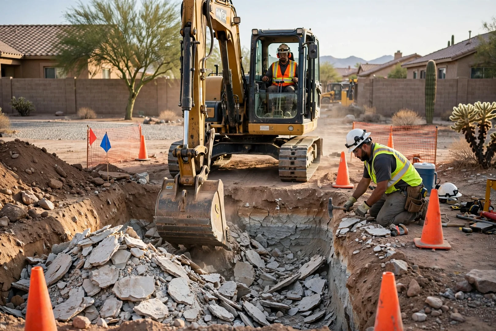 Excavator digging through hard caliche soil at a residential lot in Goodyear