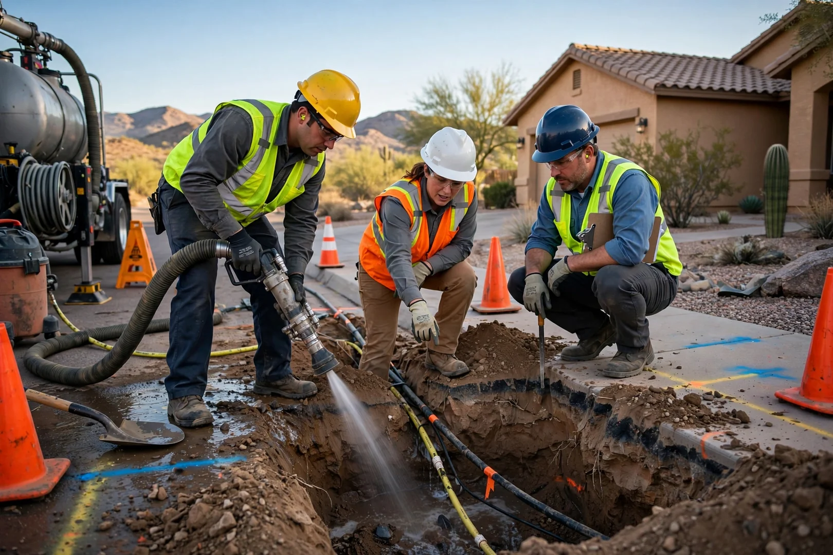 Hydro excavation crew exposing buried utility lines before trenching near a home