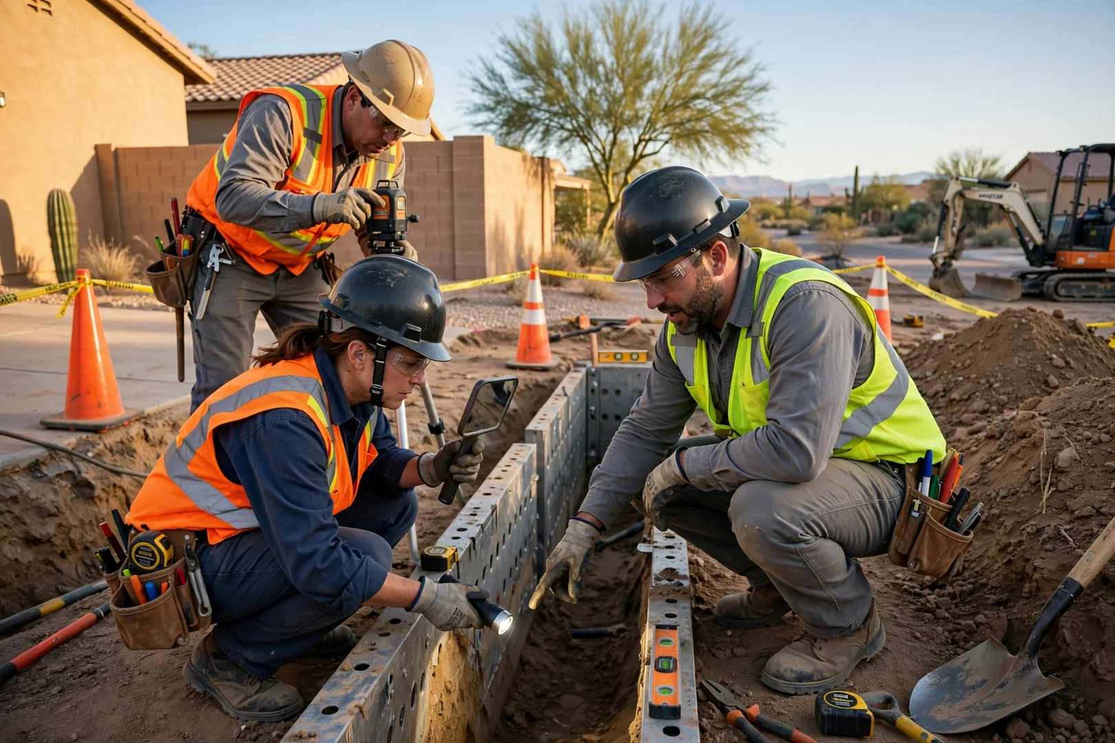 Excavation team member reviewing a project plan on a Goodyear job site before digging