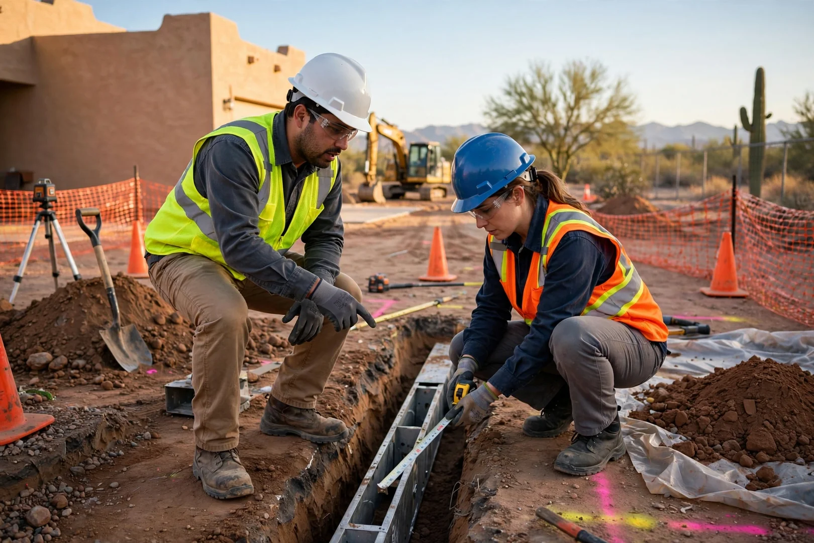 Excavation crew in safety gear inspecting a trench box on a job site