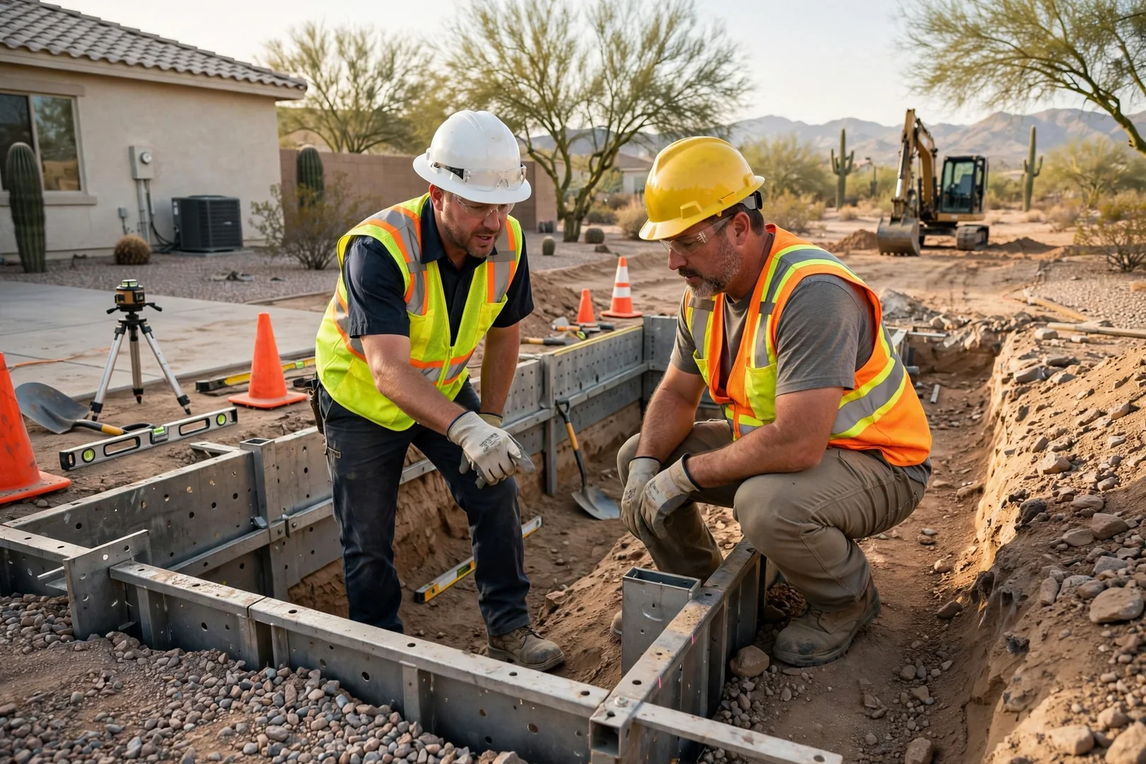 Excavator digging a basement pit for a new Goodyear home