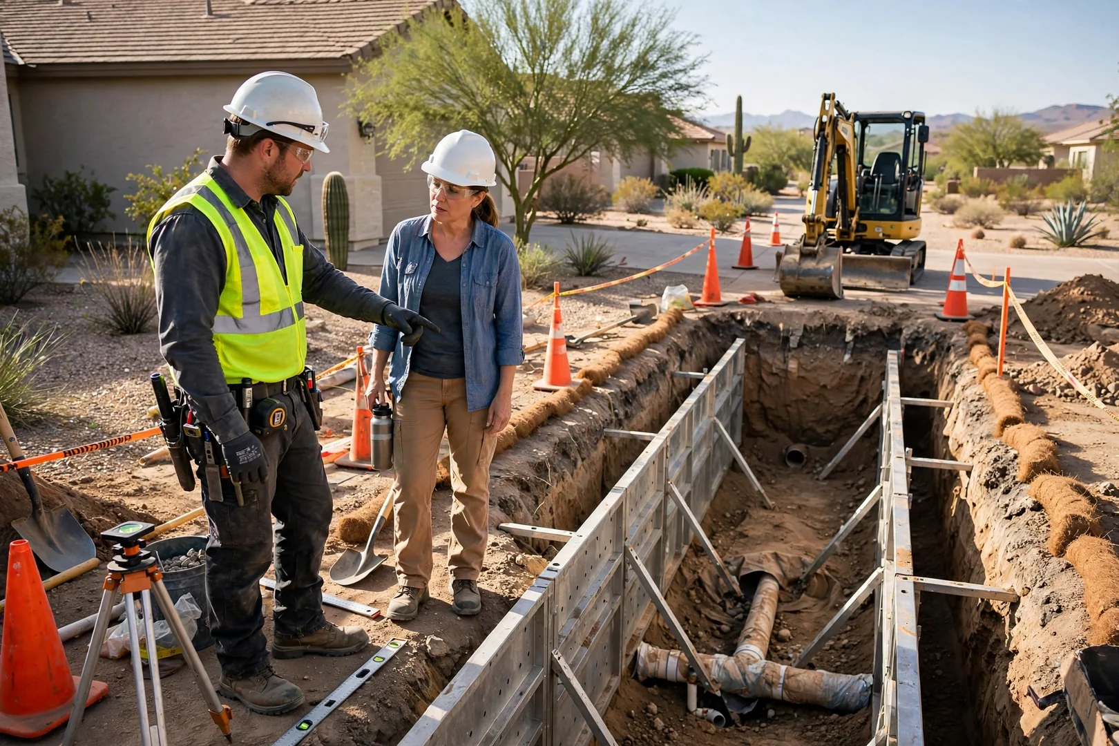Excavator digging a home foundation site in Goodyear, Arizona