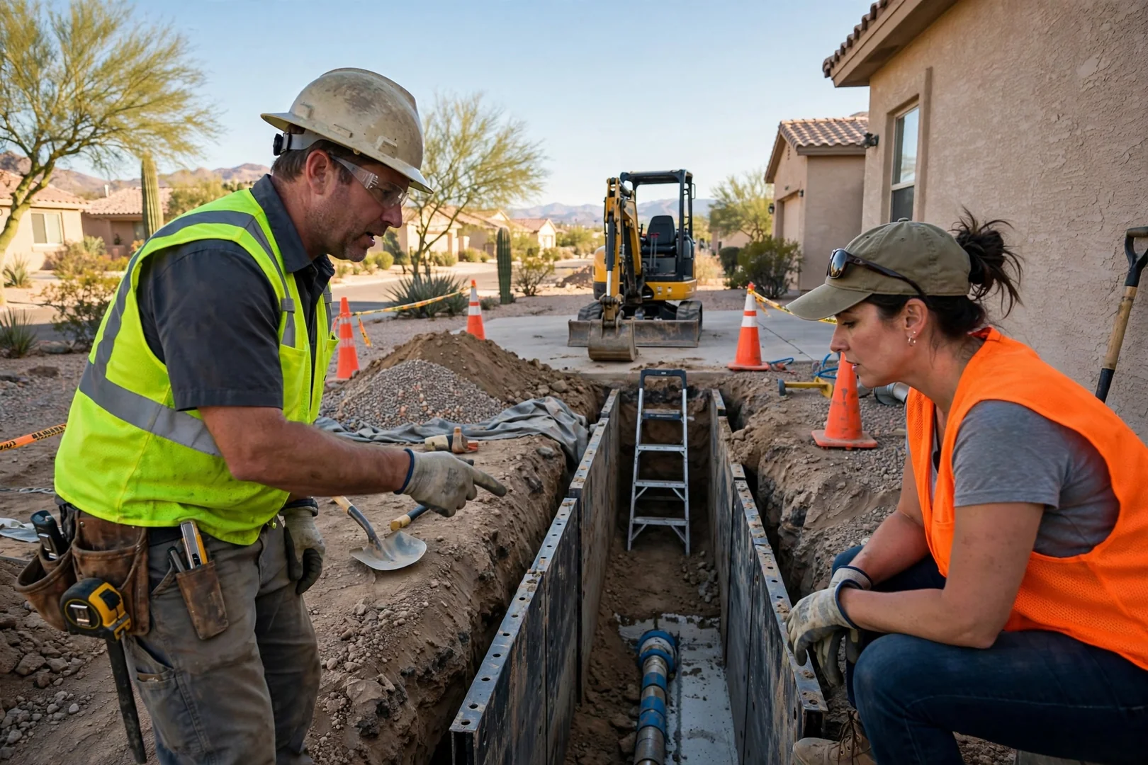 Excavator cutting foundation footings on a Goodyear lot