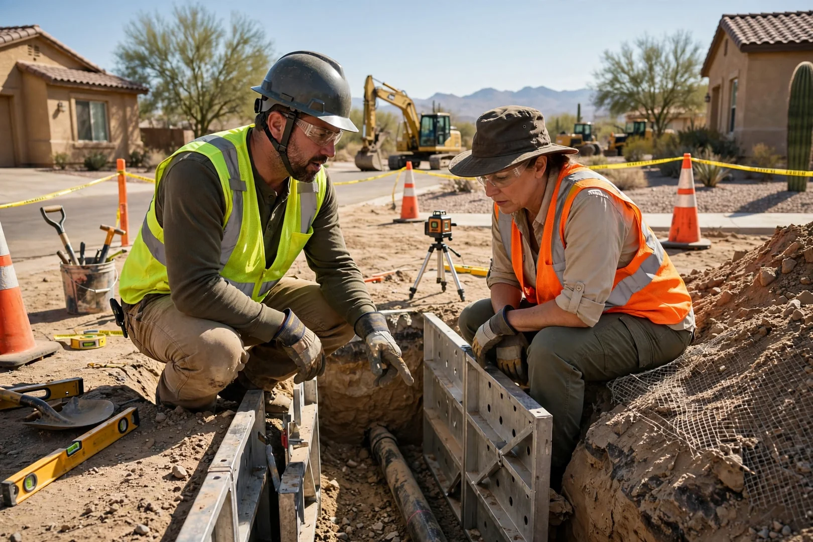 Excavation crew inspecting shored basement walls during a residential foundation dig in Goodyear