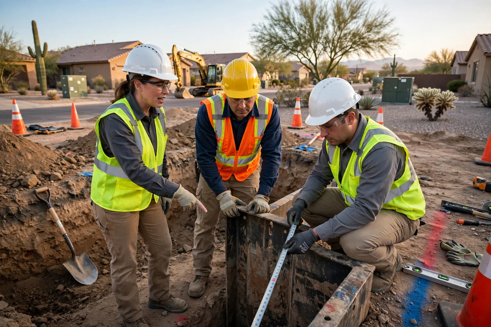 Hydrovac crew exposing buried utility lines in a Goodyear yard