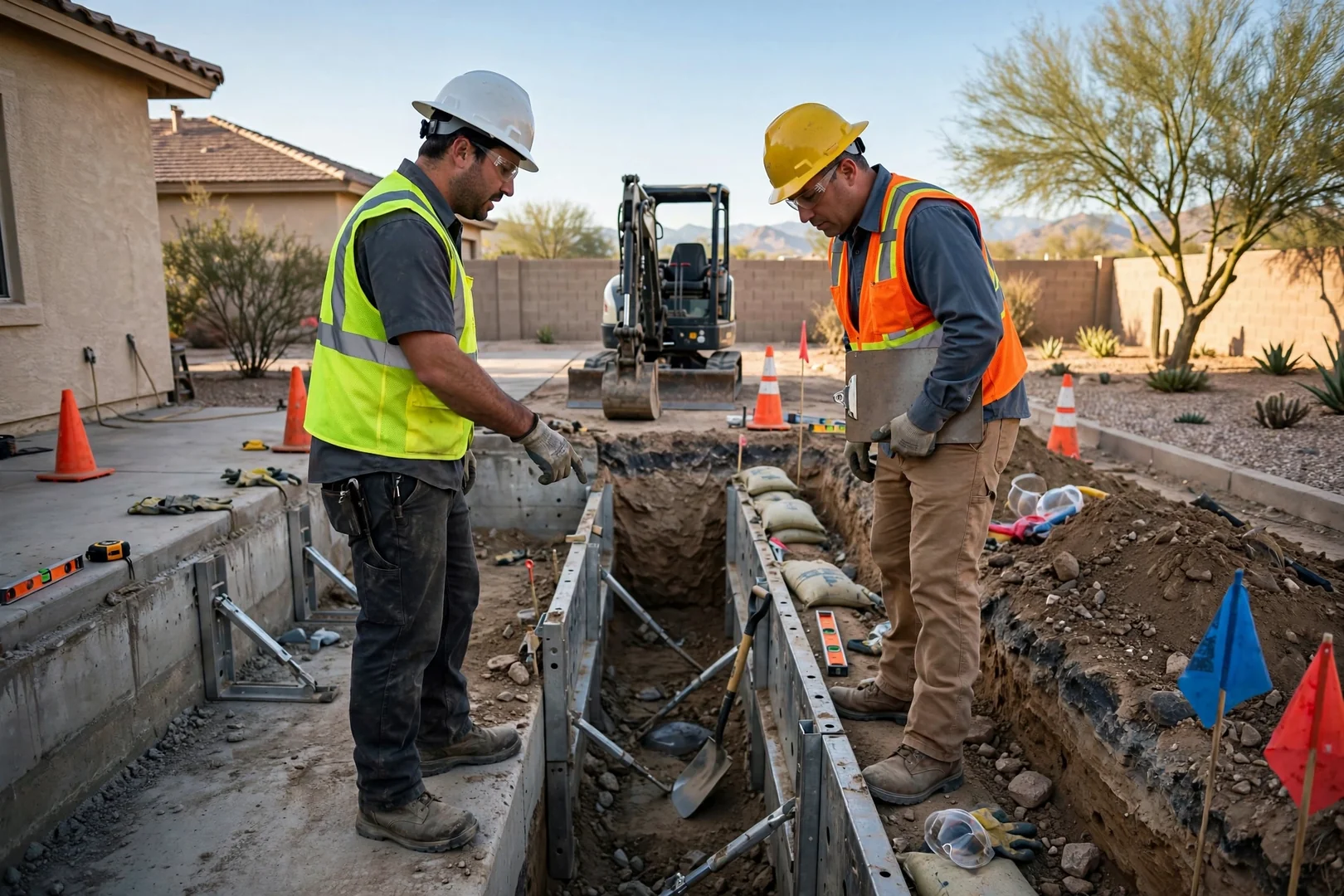 Hydro excavation crew exposing buried utility lines near a home