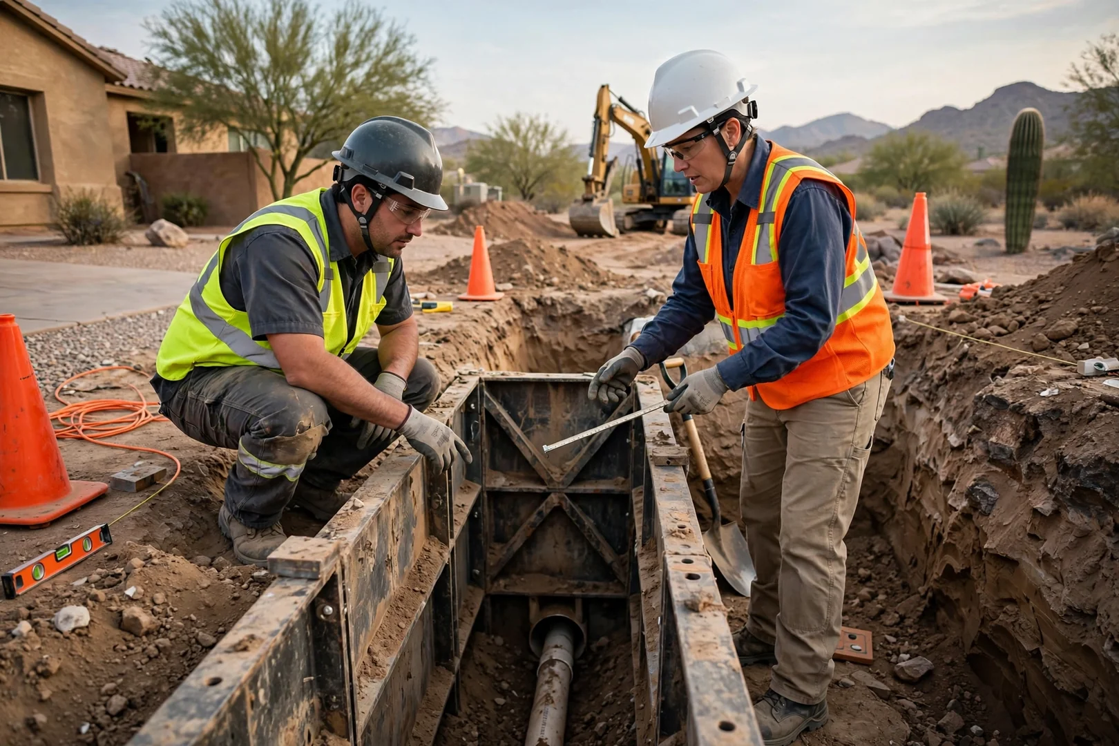 Technician using hydro vac wand to expose buried pipes