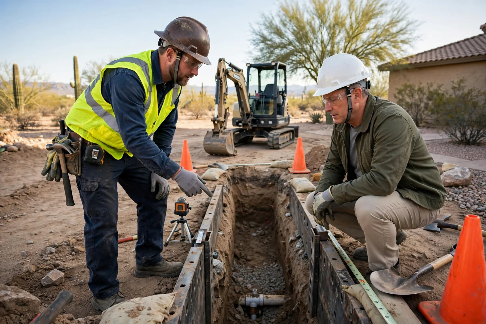 Trained technician using a hydrovac wand to safely expose a buried gas line in Goodyear