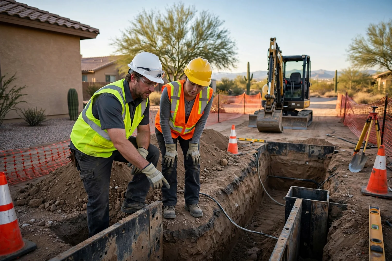 Laser level guiding finish grading on a Goodyear home lot