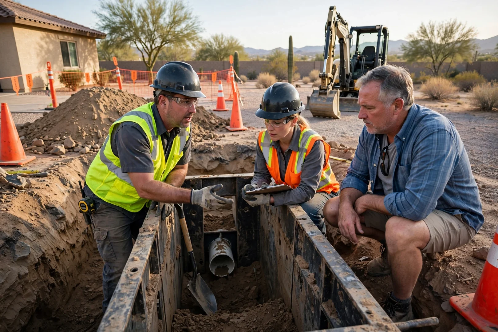Crew grading a residential lot for drainage in Goodyear AZ