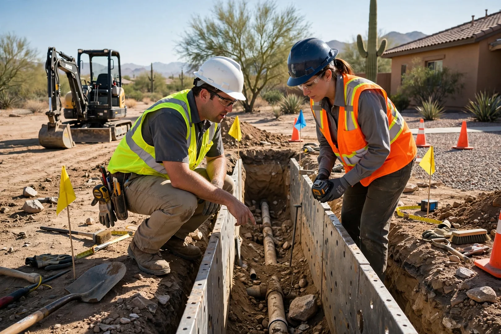 Skid steer grading soil around new home pad in Goodyear