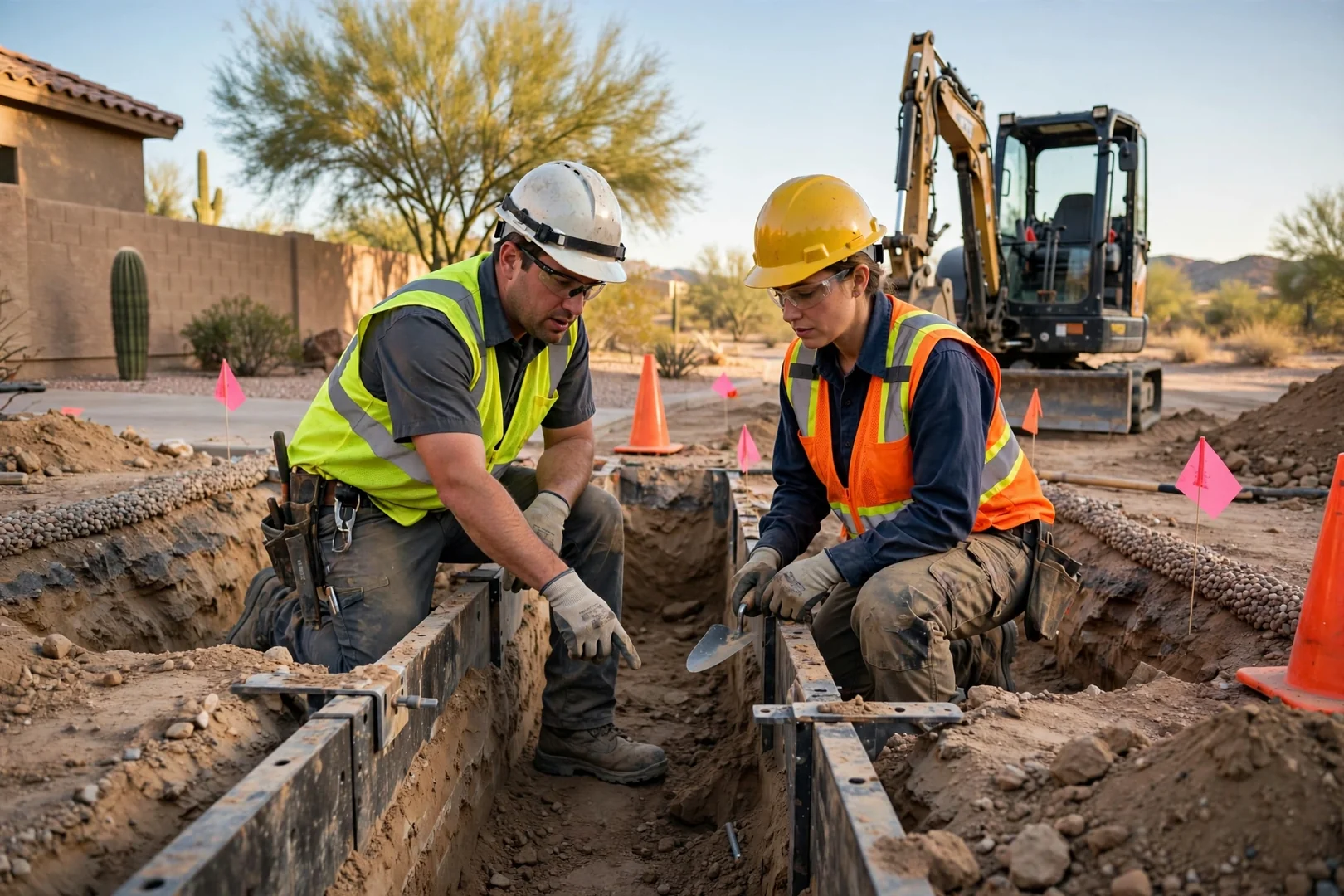 Excavation operator compacting graded soil near a new home foundation in Goodyear