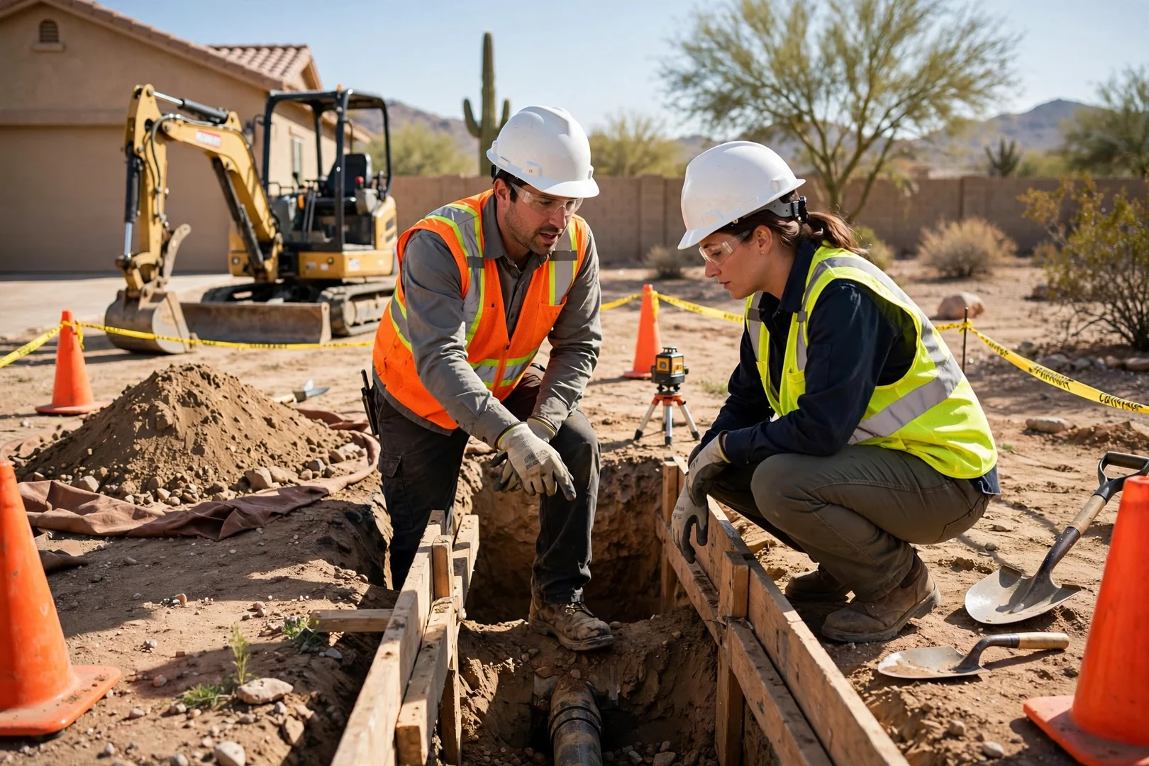 Mini excavator digging a utility trench in a Goodyear yard