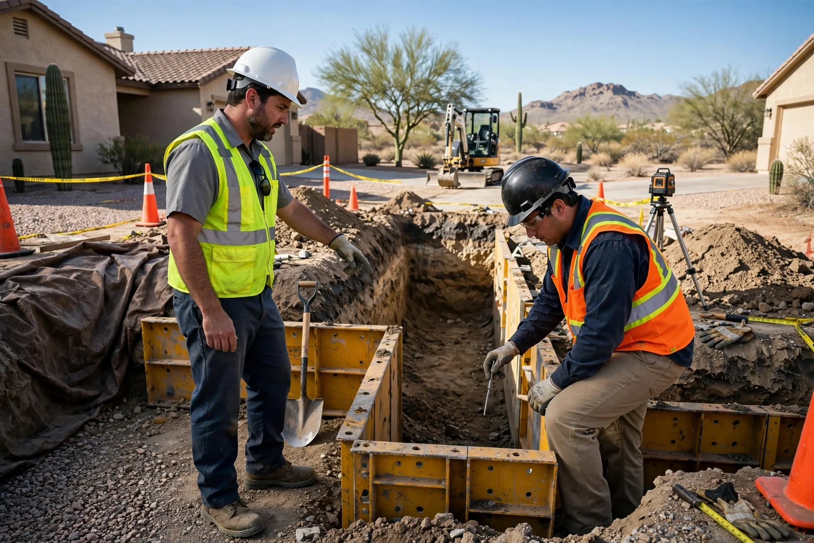 Excavator digging a utility trench beside a home in Goodyear