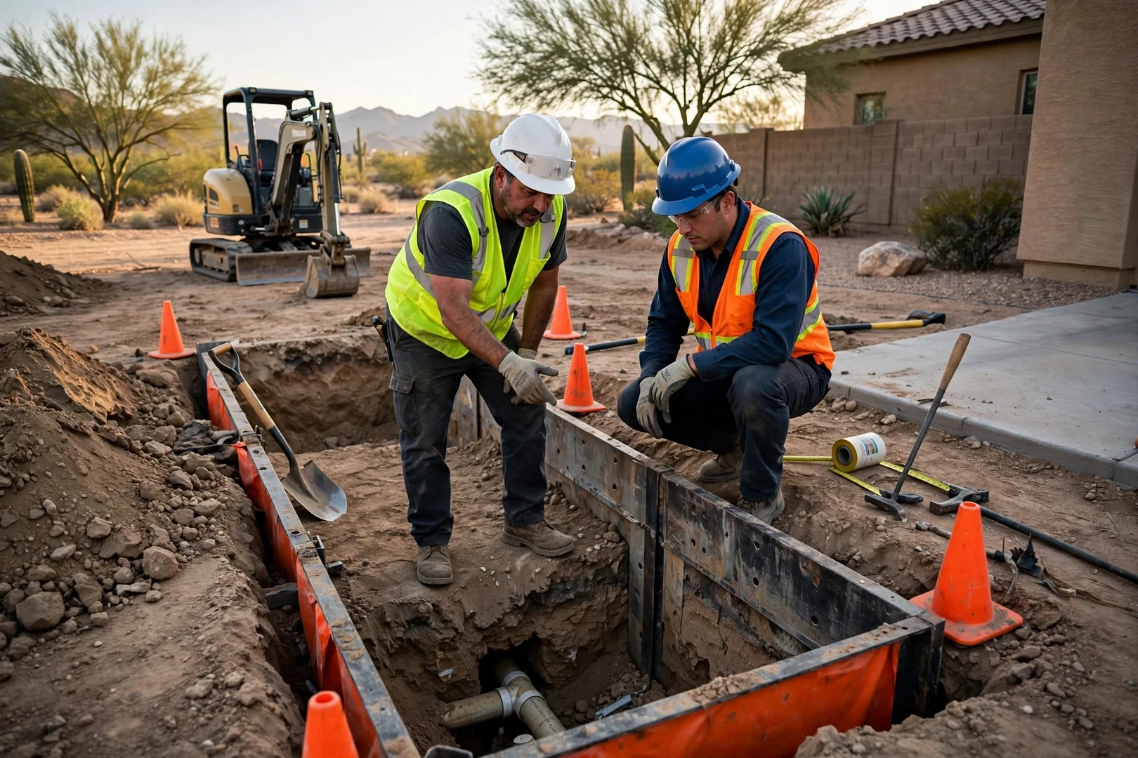 Excavator cutting a utility trench in a Goodyear backyard