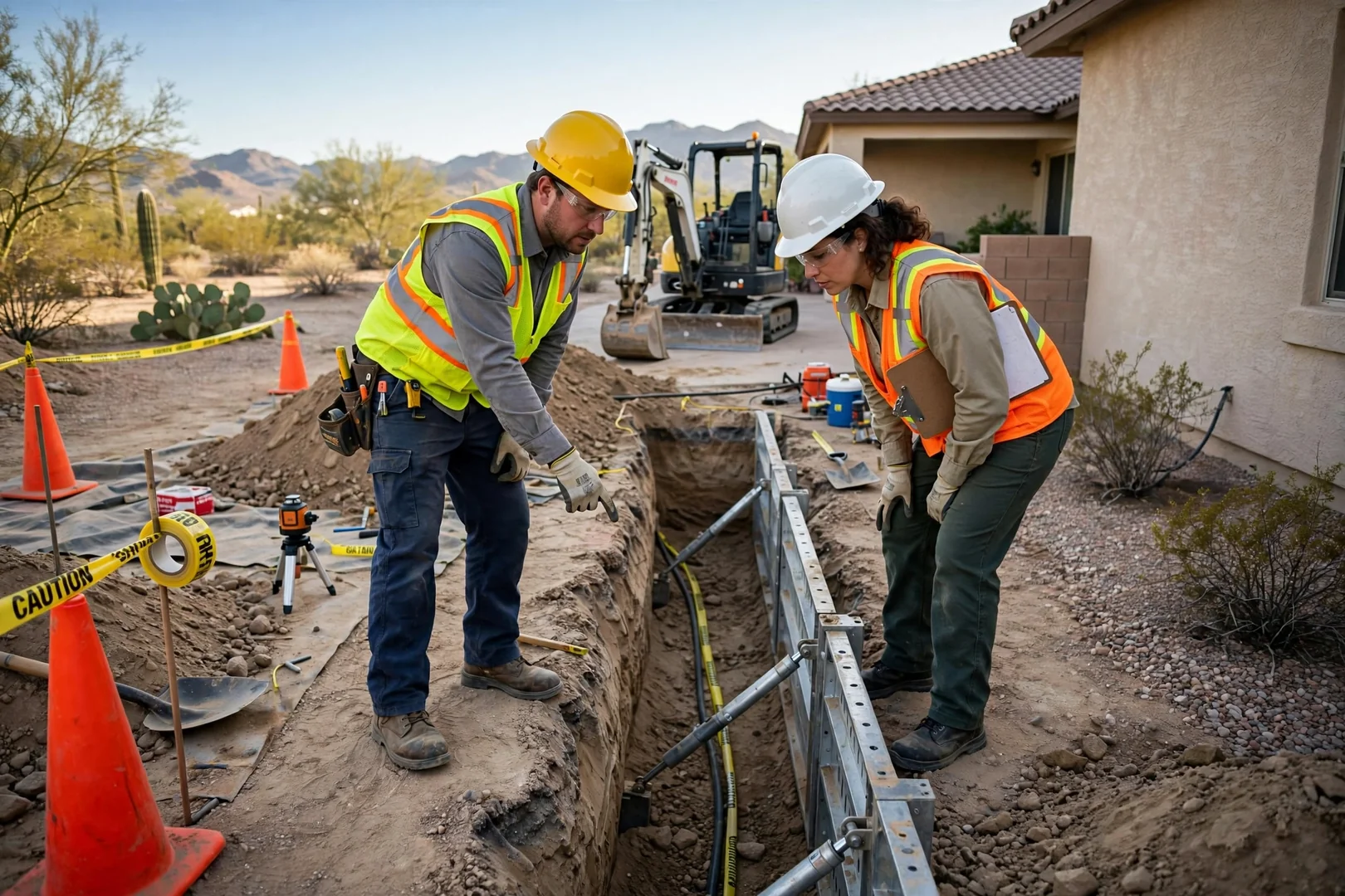 Excavation crew checking trench shoring beside marked utility lines at a Goodyear home